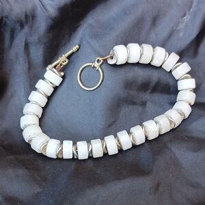 Vintage White Howlite Bead Bracelet Gold & Silver Tone Spacers Toggle Clasp